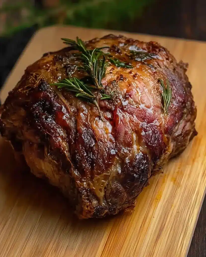 Classic Christmas Prime Rib 2 Golden-brown classic Christmas prime rib on cutting board with rosemary garnish
