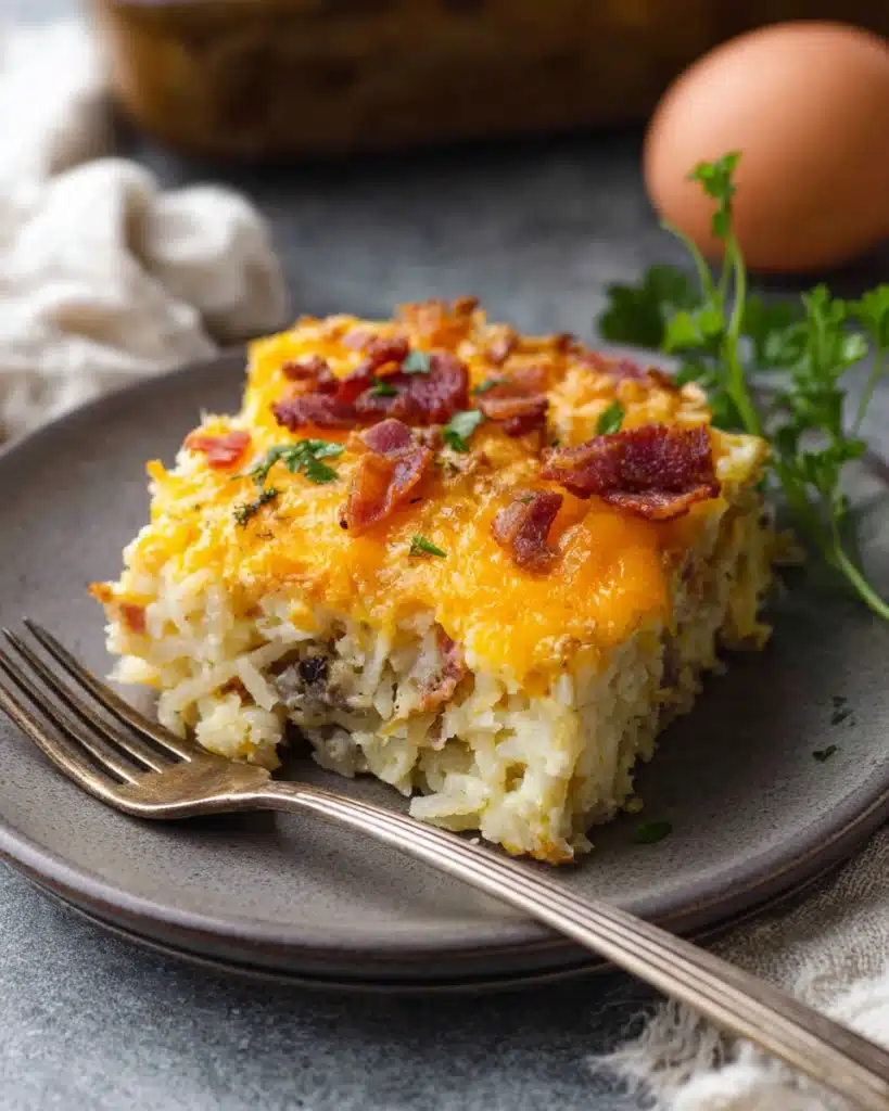 Crack Breakfast Casserole 1 Cheesy Crack Breakfast Casserole slice with bacon and hashbrowns on plate