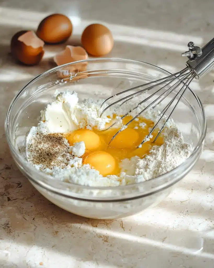 Crack Breakfast Casserole 3 Eggs, cream cheese, and seasoning in bowl for Crack Breakfast Casserole mixture