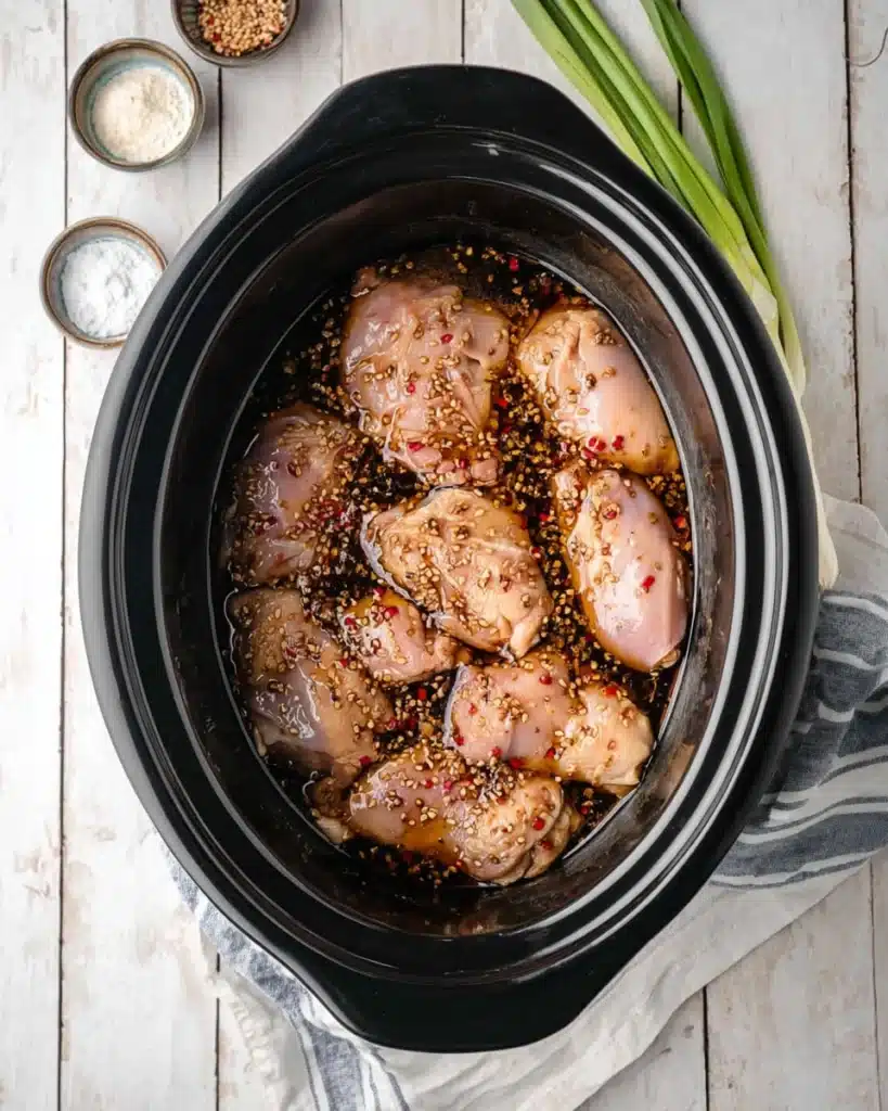 Crock Pot Bourbon Chicken 4 Chicken thighs in slow cooker coated with bourbon sauce for Crock Pot recipe