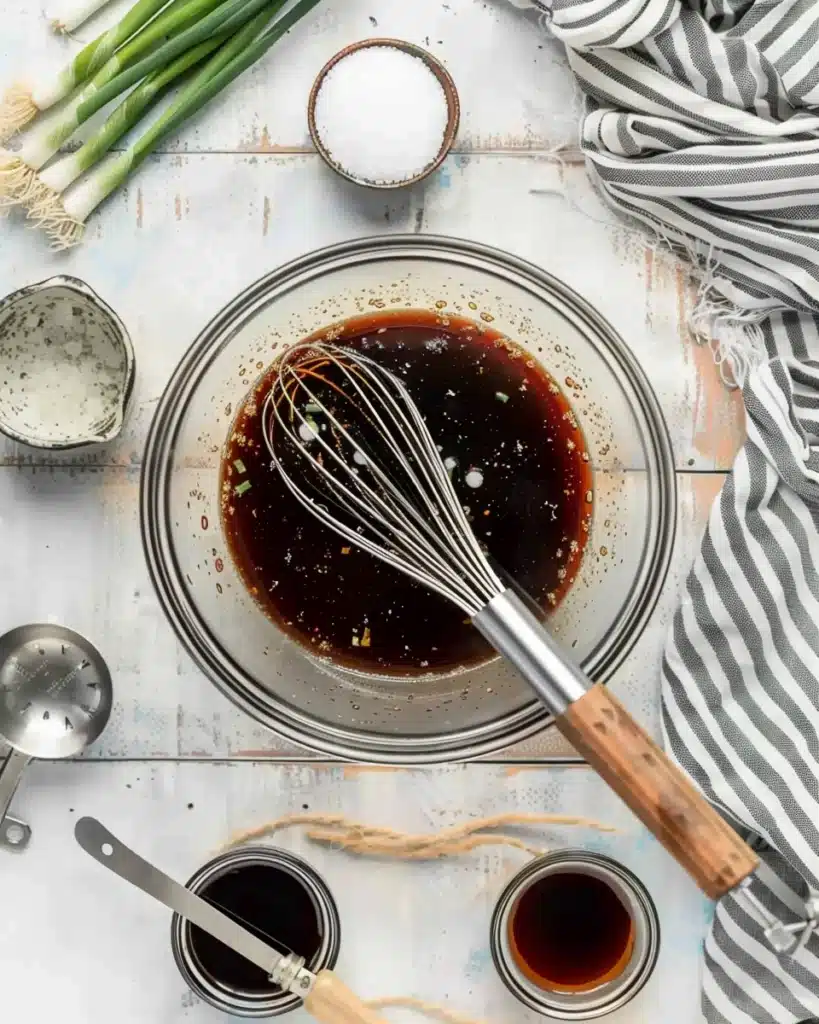Crock Pot Bourbon Chicken 3 Whisking bourbon chicken sauce in a glass bowl for Crock Pot recipe