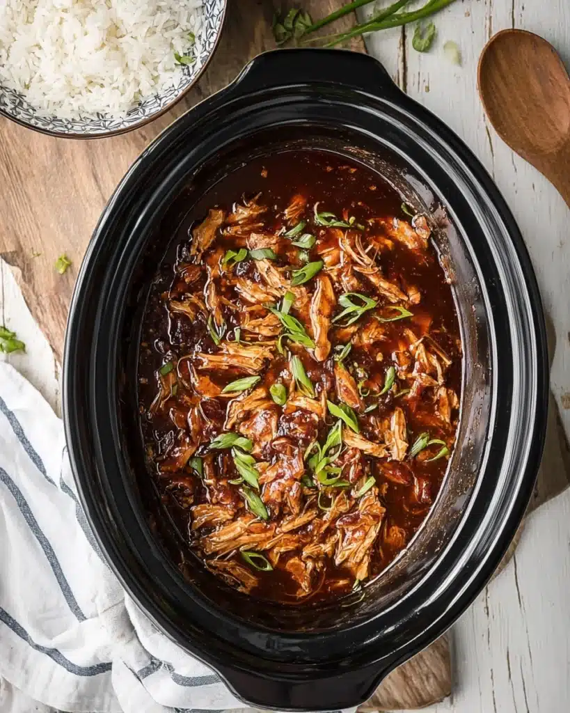Crock Pot Bourbon Chicken 1 Crock Pot bourbon chicken in slow cooker with glossy sauce and green onions