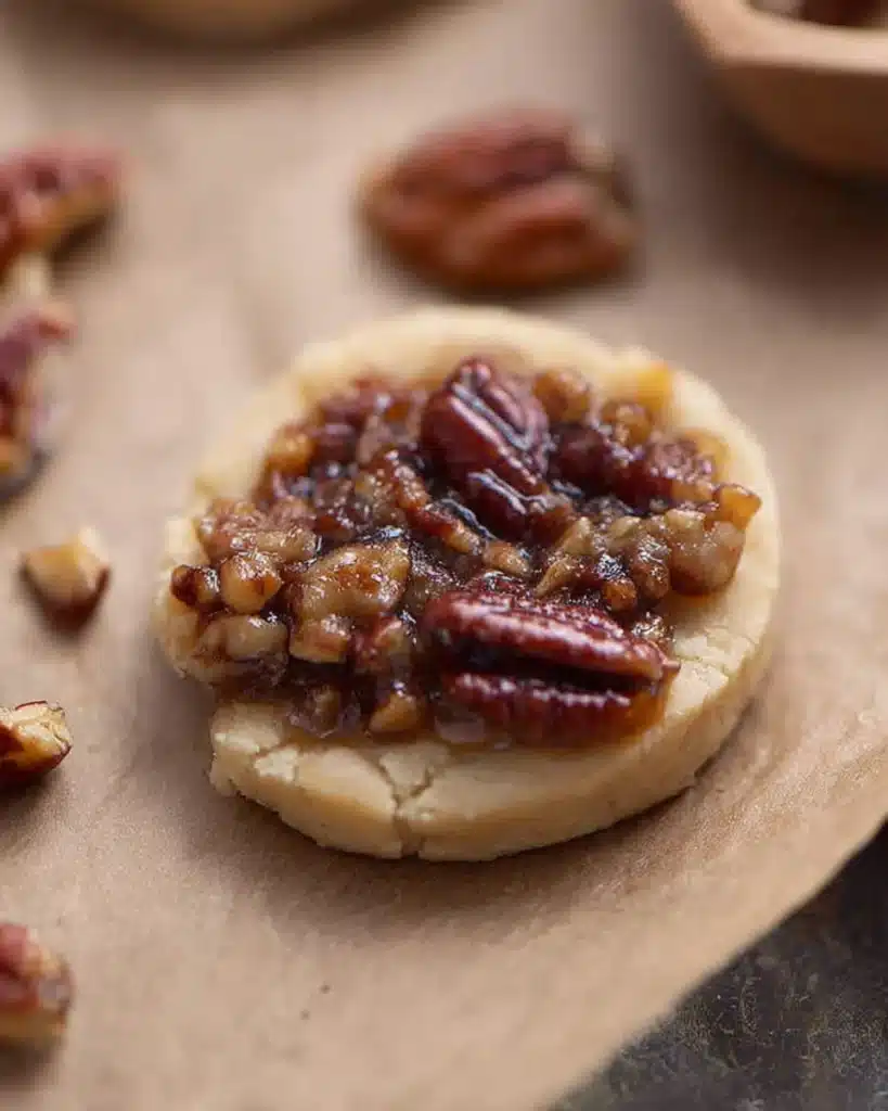 Assembled Crumbl pecan pie cookie topped with glossy caramelized pecans