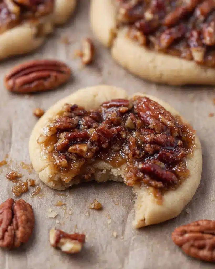 Crumbl pecan pie cookie with gooey pecan filling and bite taken out