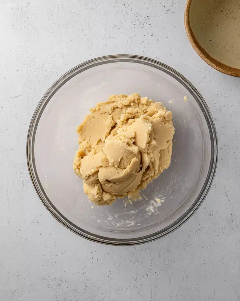 Crumbl pecan pie cookie dough in glass bowl ready to bake