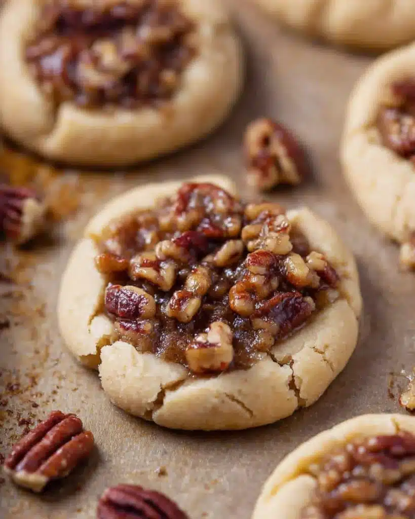 Crumbl pecan pie cookies with gooey caramelized pecan filling on wooden board