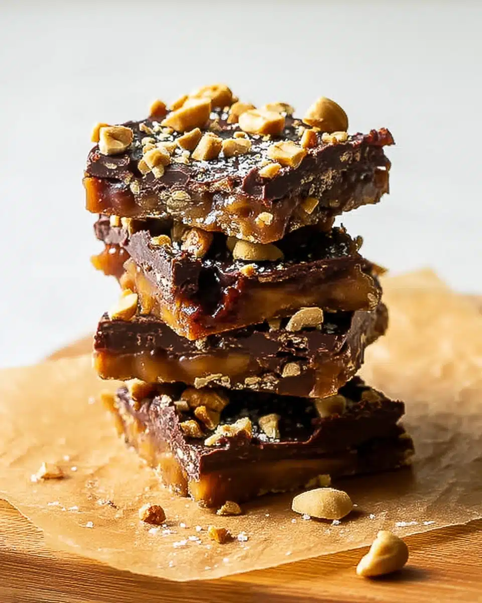 Stacked Date Snickers Bars No-Bake Chocolate Peanut Butter Treat Stack of Date Snickers bars with chocolate, peanut butter, and peanuts