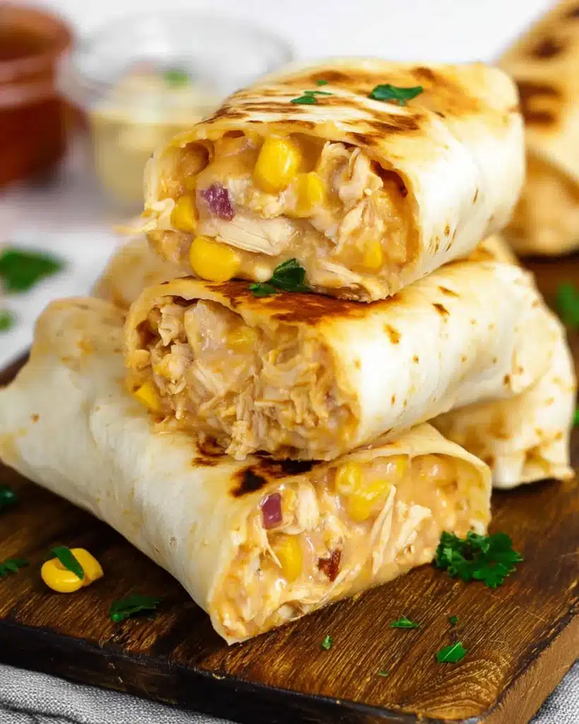 Grilled easy chicken wraps with cheese, corn, and shredded chicken on wooden board