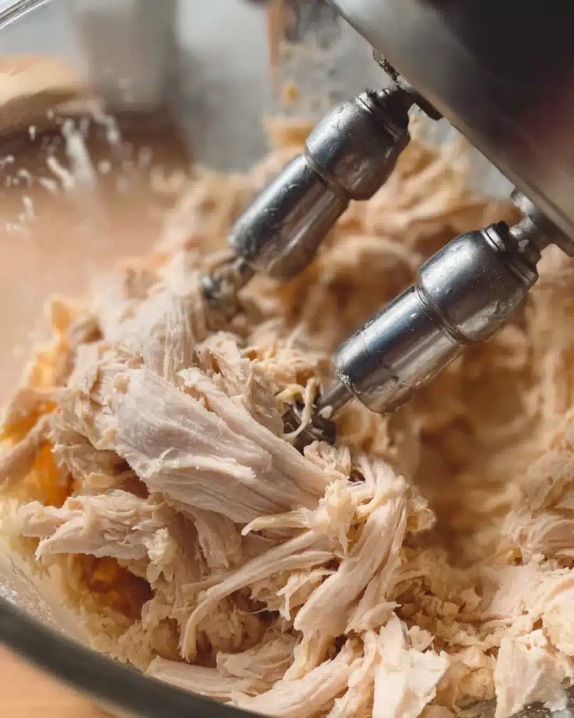 Shredding cooked chicken with electric mixer in glass bowl