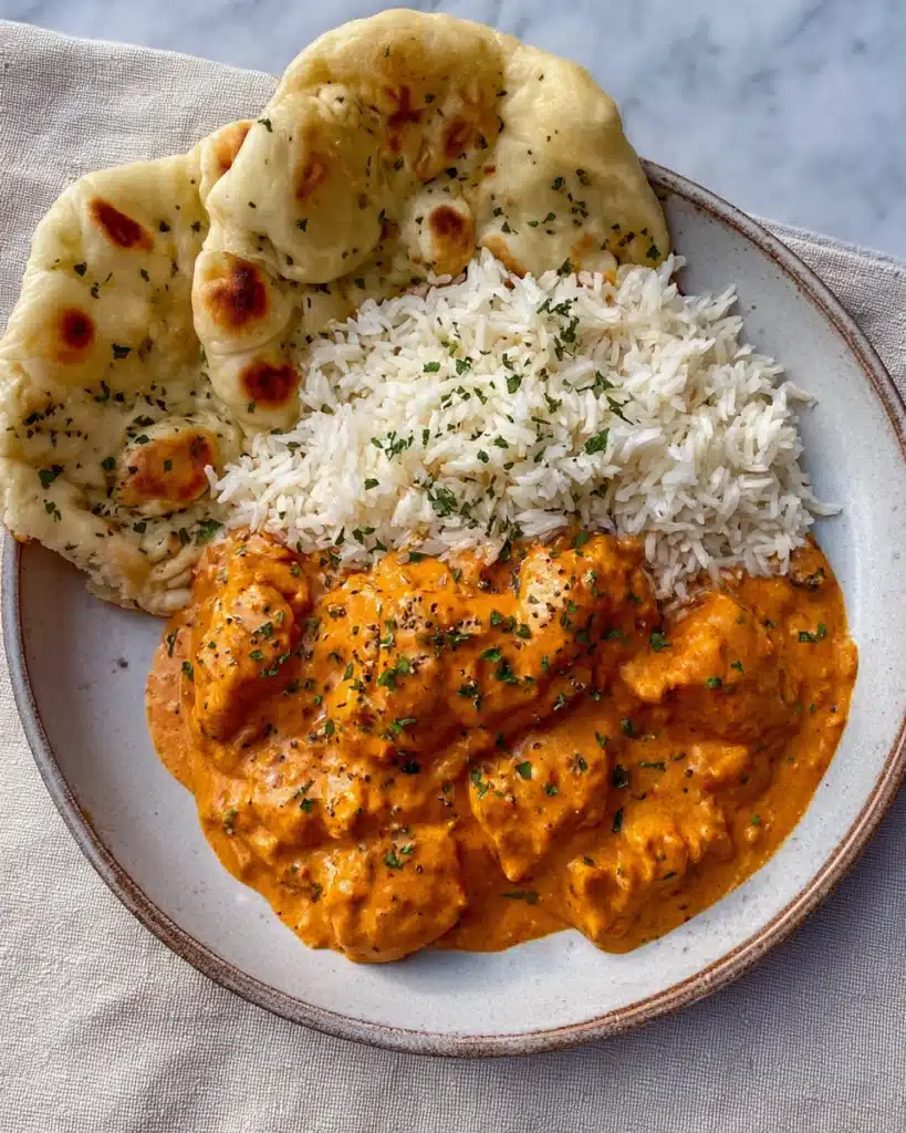 Easy Homemade Butter Chicken Recipe (Ready in 45 Minutes) 1 Easy homemade butter chicken with rice and naan bread on a plate