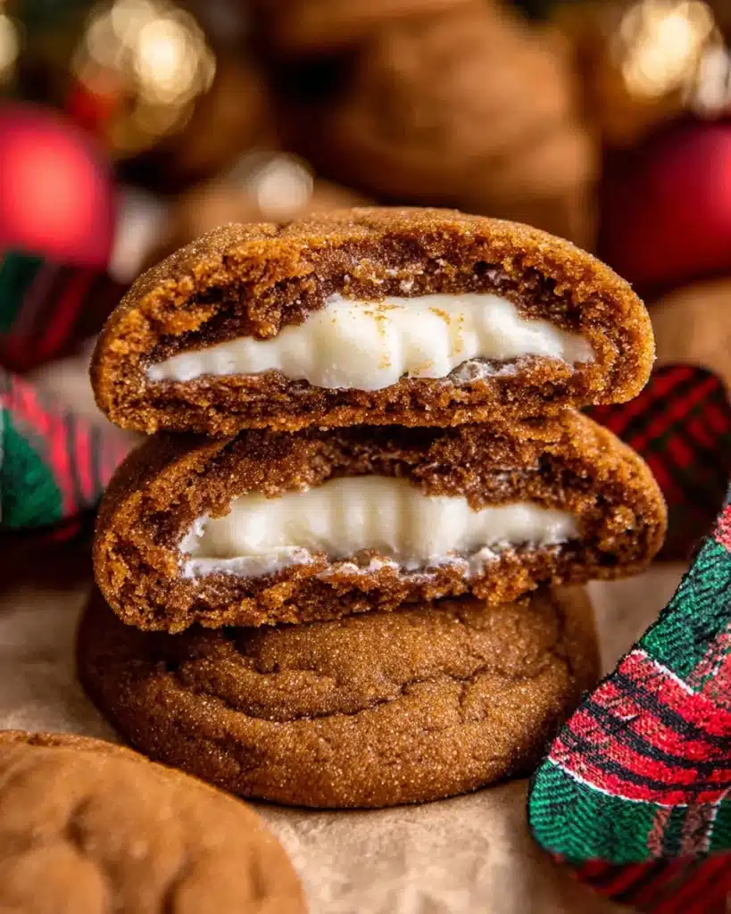 Stack of gingerbread cheesecake cookies showing creamy centers