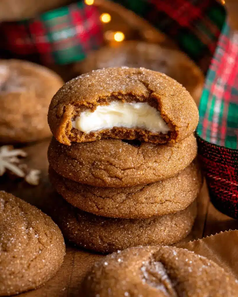 Stack of gingerbread cheesecake cookies with creamy filling and holiday ribbon