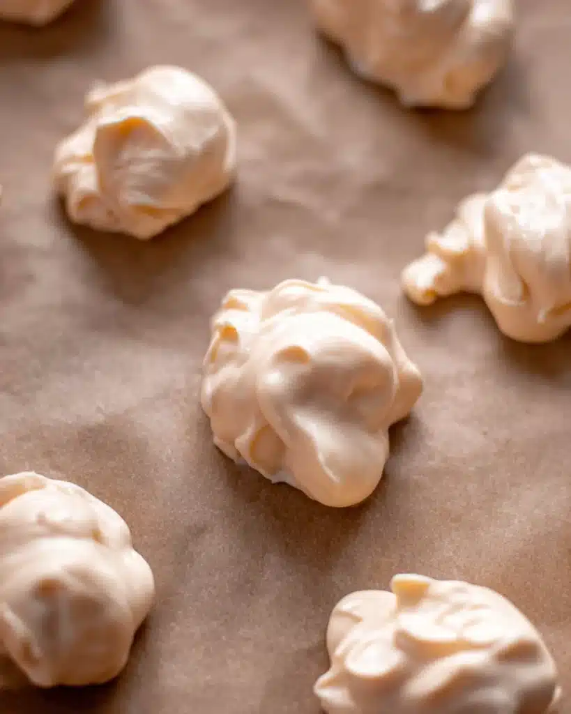Scoops of cheesecake filling on parchment paper for gingerbread cookies