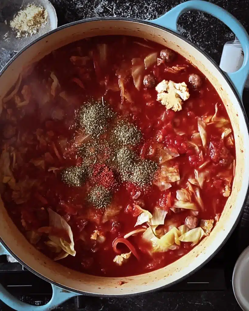 Seasonings added to simmering Golumpki Soup for rich flavor
