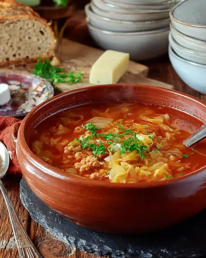 Rustic terracotta bowl of Golumpki soup with cabbage in tomato broth, parsley garnish, bread and ladle