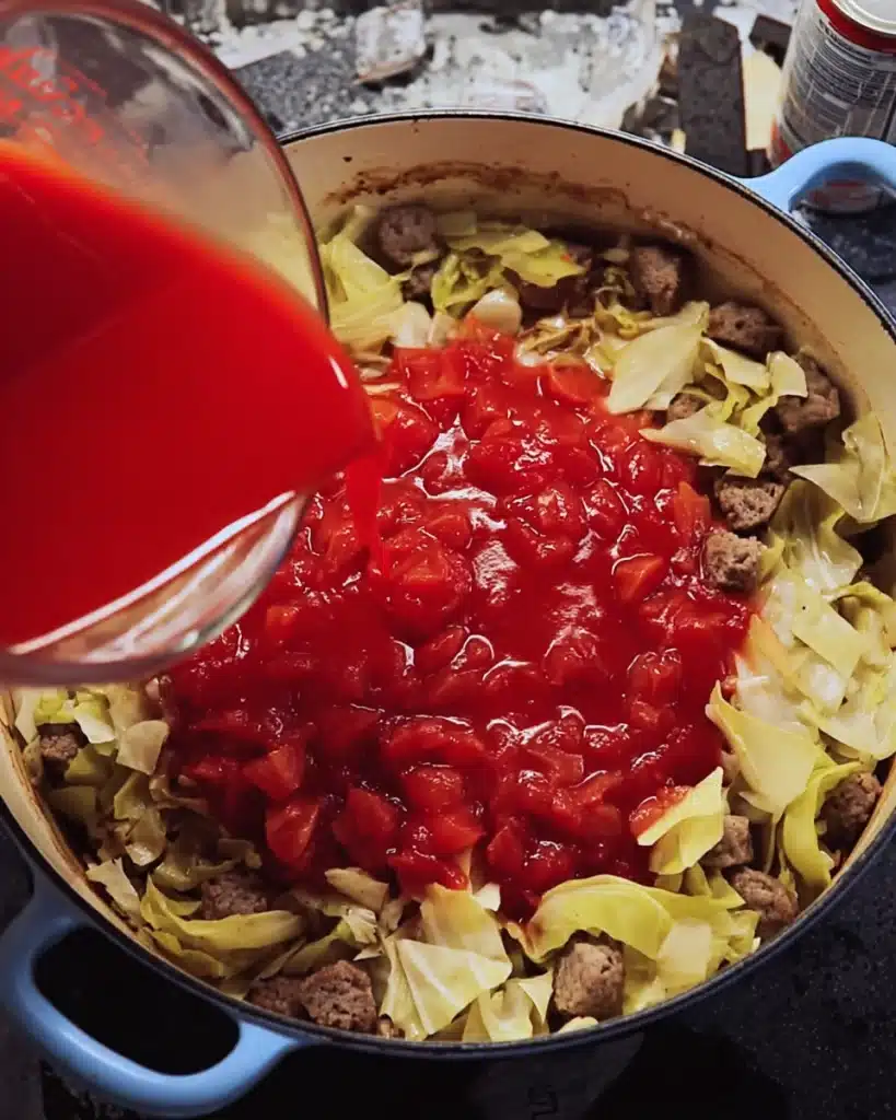 Pouring tomato juice into pot for Golumpki Soup