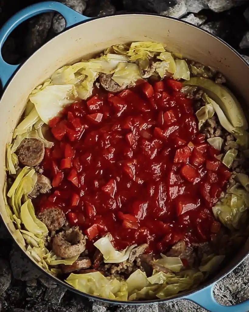 Diced tomatoes added to cabbage and sausage for Golumpki Soup