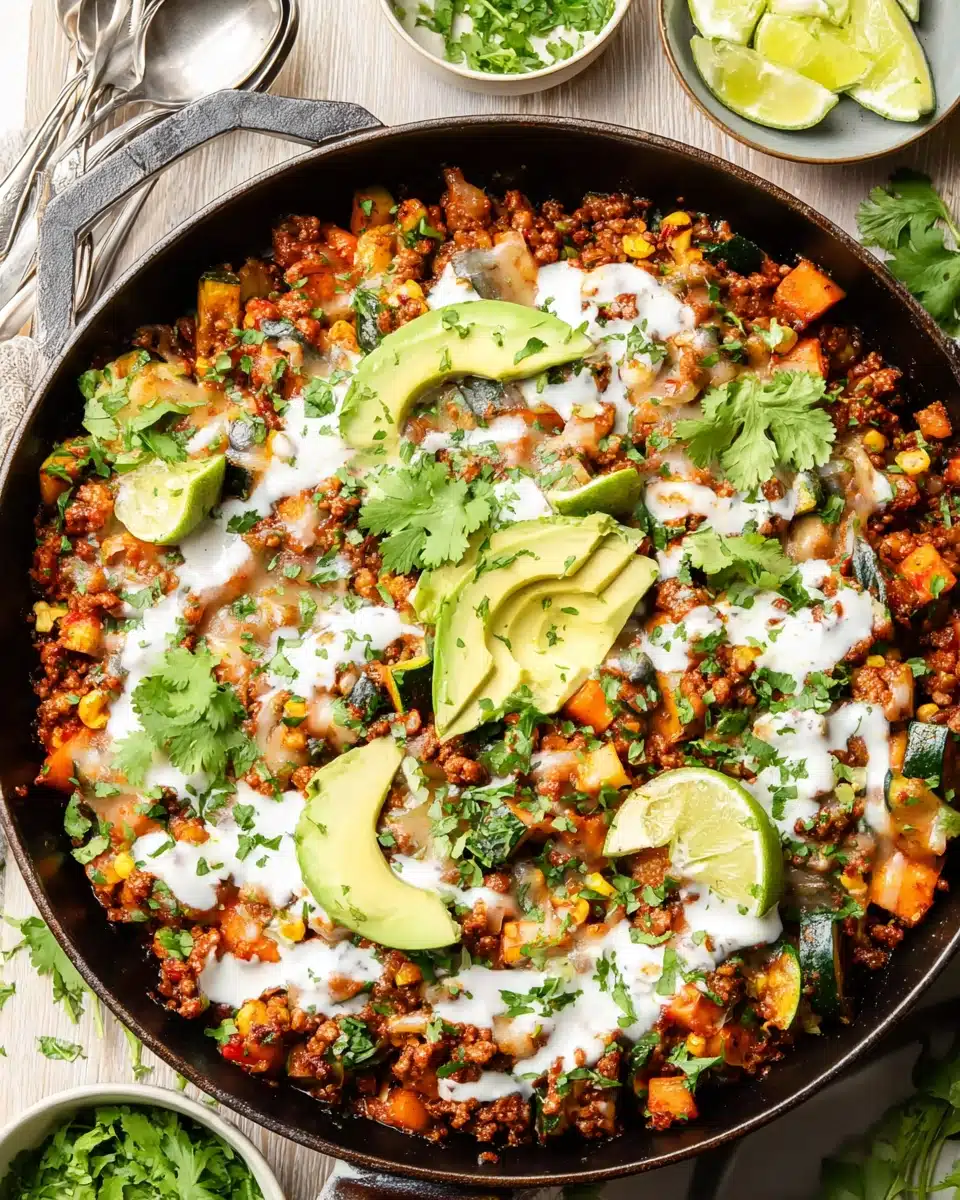 Ground Beef and Zucchini Skillet with Avocado and Cheese Ground beef and zucchini skillet topped with avocado, cheese, cilantro, and lime wedges