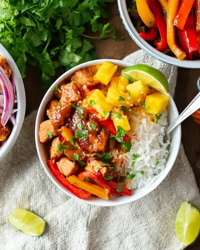 Hawaiian chicken sheet pan rice bowl with pineapple, peppers, and sauce
