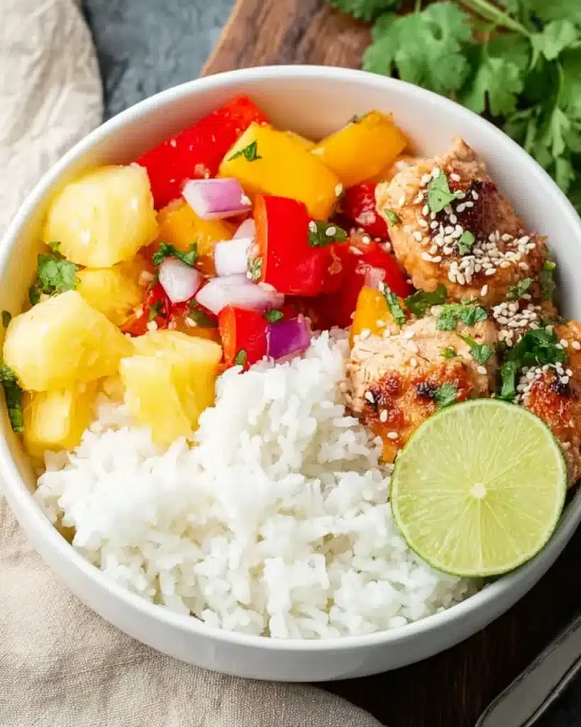 Hawaiian chicken sheet pan served in a rice bowl with pineapple and lime
