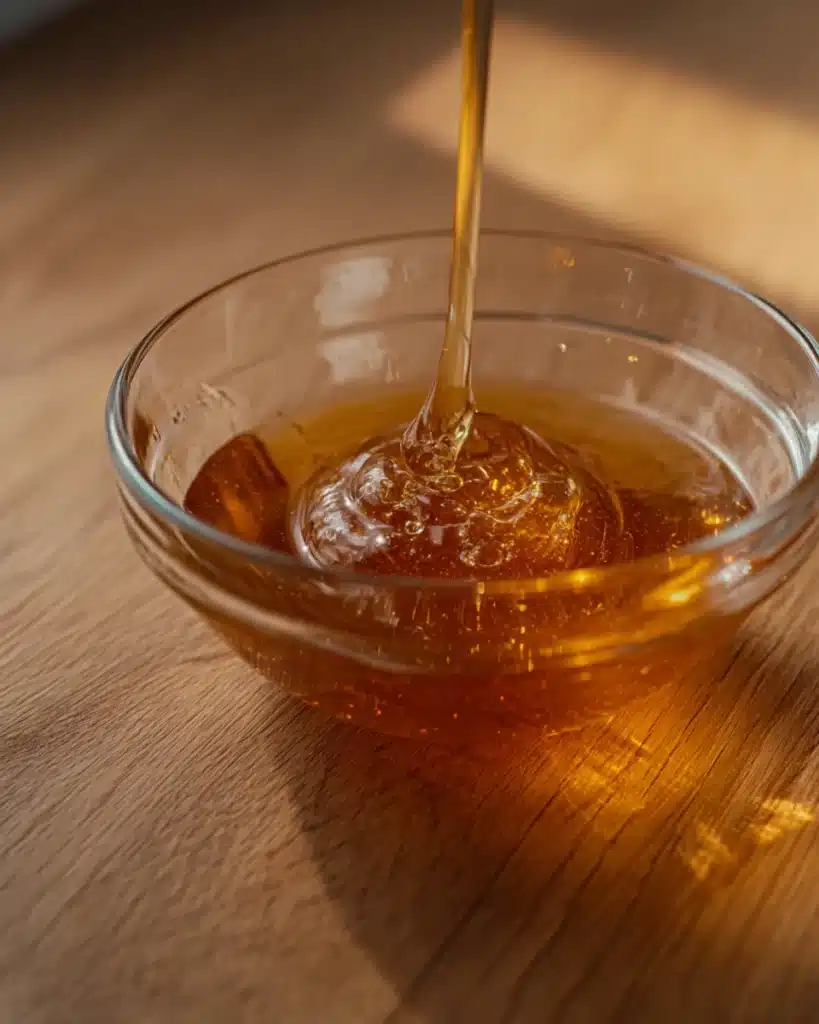 Pouring golden honey into glass bowl on wooden surface