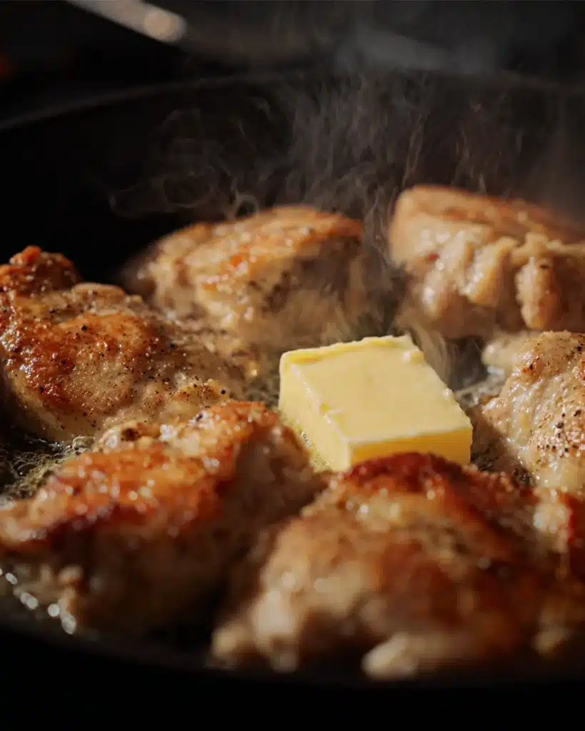 Golden chicken searing in pan with melting butter