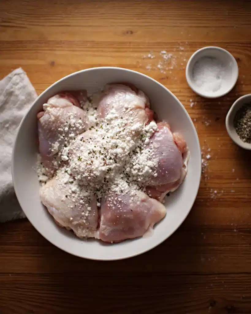 Raw chicken with cornflour, salt, and pepper in a bowl