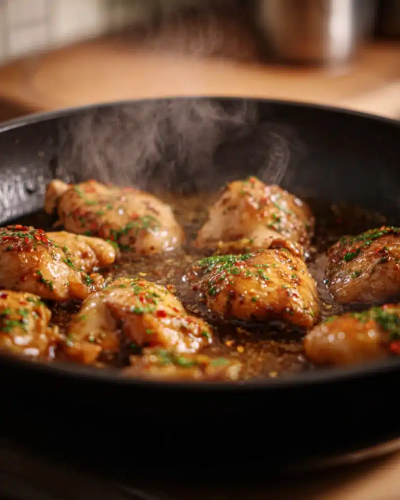 Honey Garlic Chicken simmering in pan with glaze and herbs