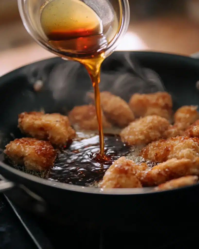 Pouring honey garlic sauce into skillet with browned chicken
