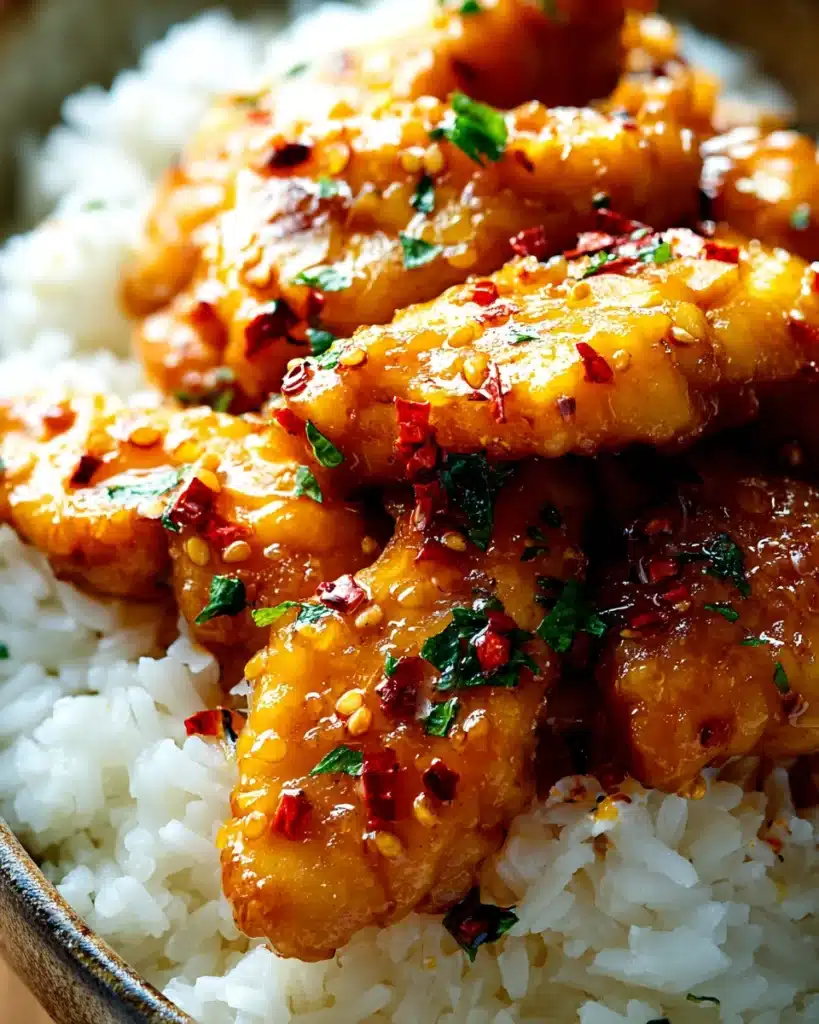 Honey Garlic Chicken served over white rice with chili flakes and herbs