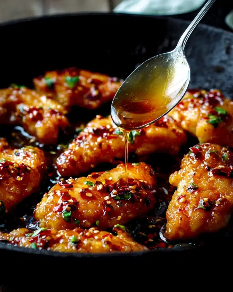 Honey Garlic Chicken simmering in skillet with sauce drizzle