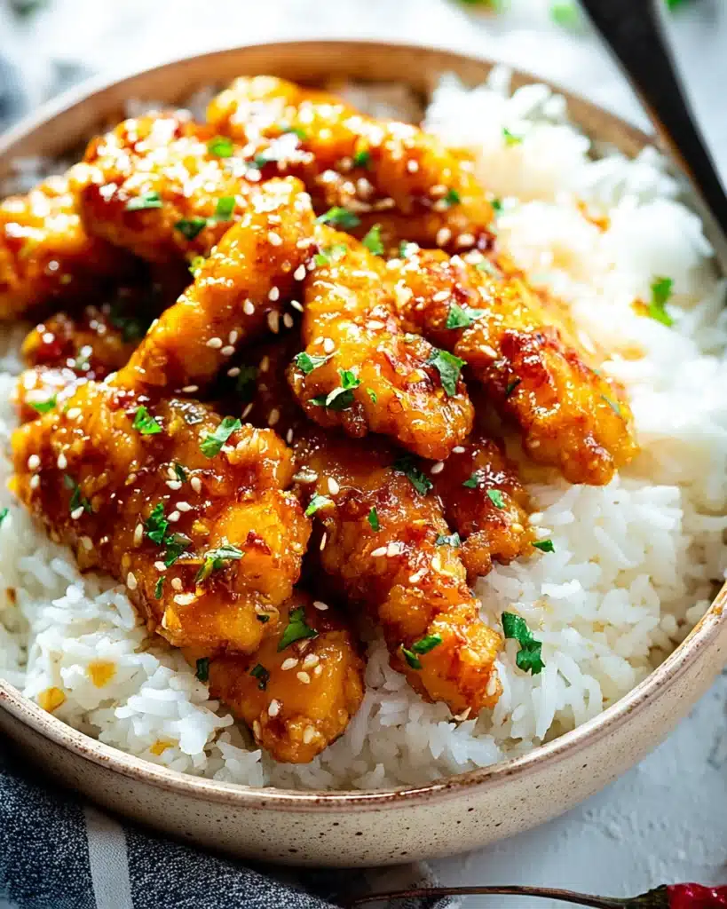 Honey Garlic Chicken over rice with glossy honey-garlic glaze and herbs