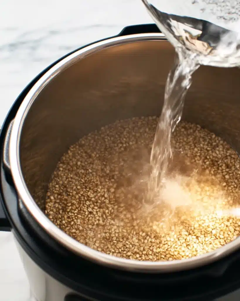 Pouring water over steel cut oats in an Instant Pot before cooking
