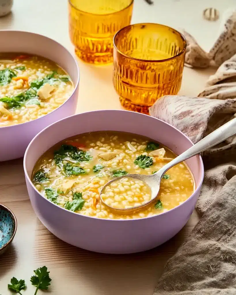 Italian Penicillin Soup Recipe Overview 1 Italian Penicillin Soup with pastina and chicken served in pastel bowls