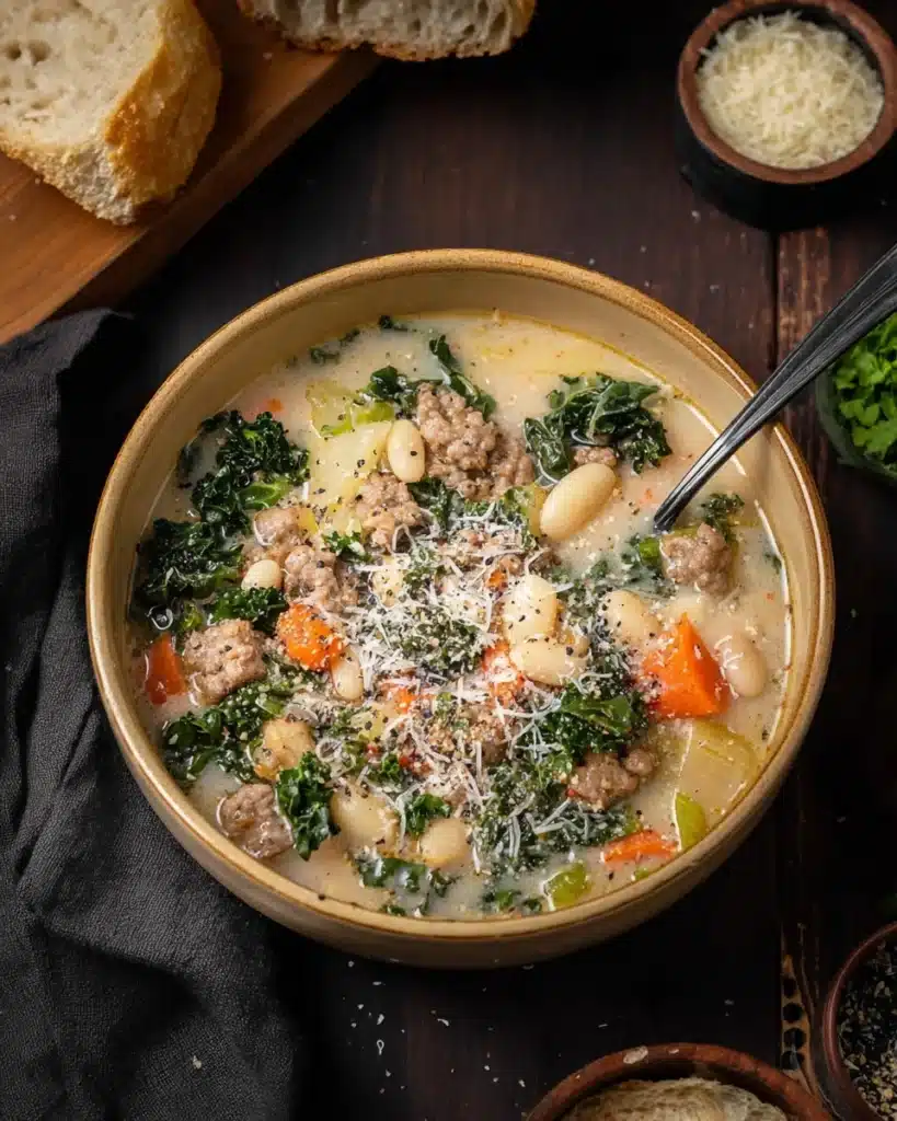 Italian Sausage and White Bean Soup (with Tuscan Kale) 1 Creamy Italian sausage and white bean soup with kale and carrots in a rustic bowl