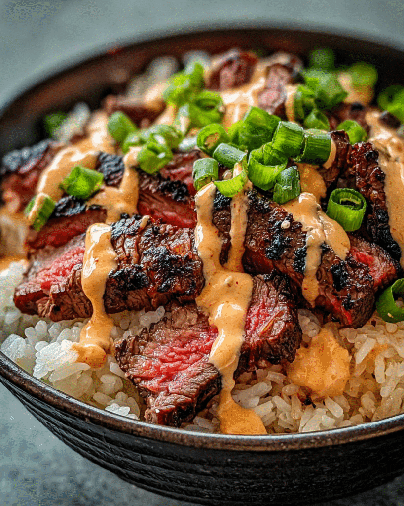Korean BBQ Steak Rice Bowls with spicy creamy sauce and green onions