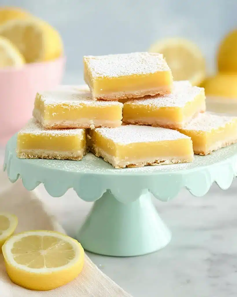 Lemon Bars 1 Stack of lemon bars with powdered sugar on a blue cake stand