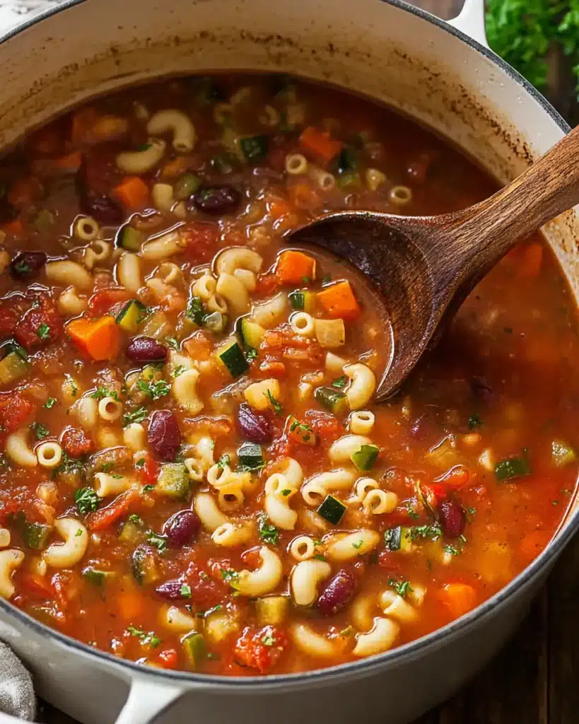 Minestrone Soup Recipe (Hearty and Classic Italian Comfort Food) 1 Hearty minestrone soup with pasta, beans, and vegetables in a tomato broth