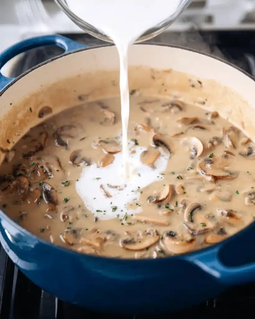 Pouring cream into mushroom soup base for Mushroom Bisque