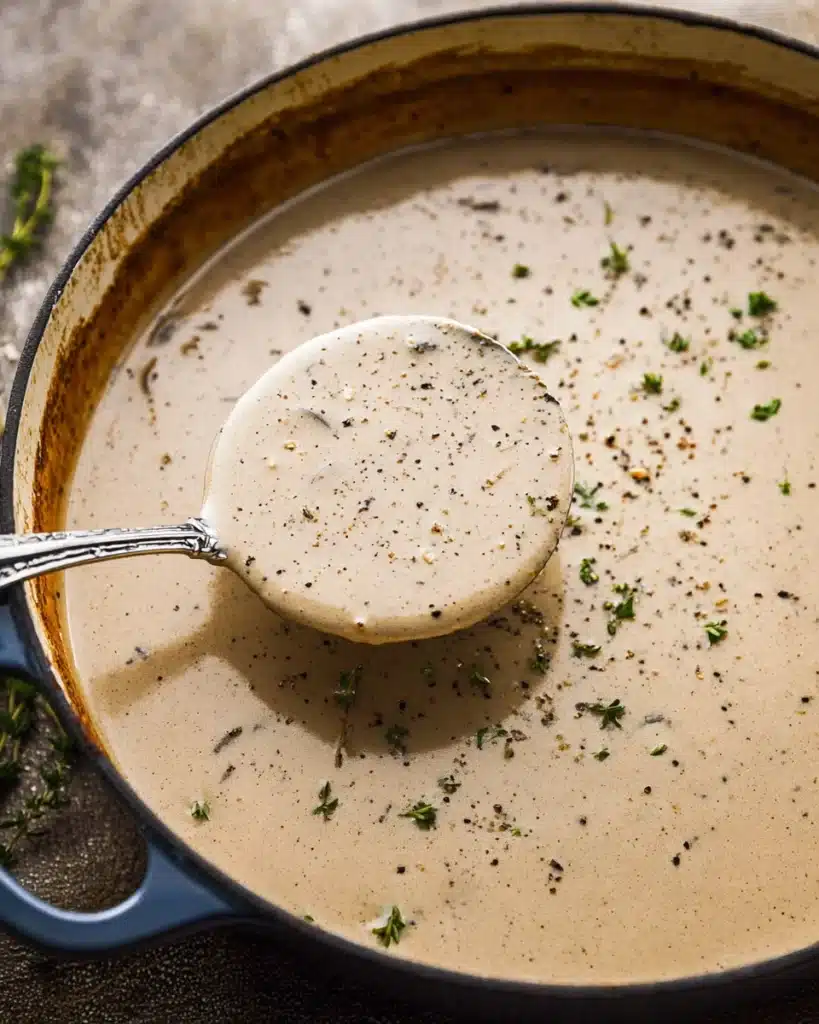 Ladle of creamy mushroom bisque sprinkled with herbs and pepper