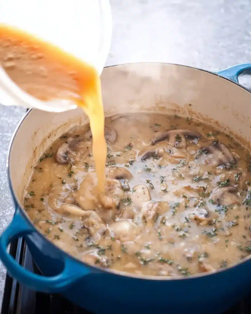 Pouring broth into creamy mushroom base for Mushroom Bisque