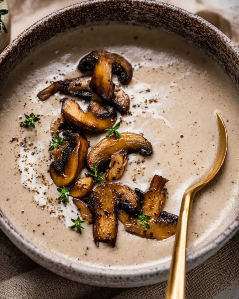 Creamy mushroom bisque topped with sautéed mushrooms and thyme in a rustic bowl
