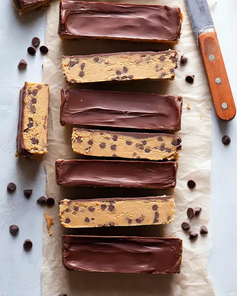 No bake cookie dough bars with chocolate topping on beige surface