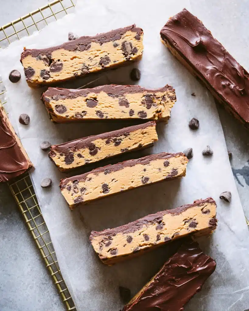 Sliced no bake cookie dough bars with chocolate topping on parchment paper