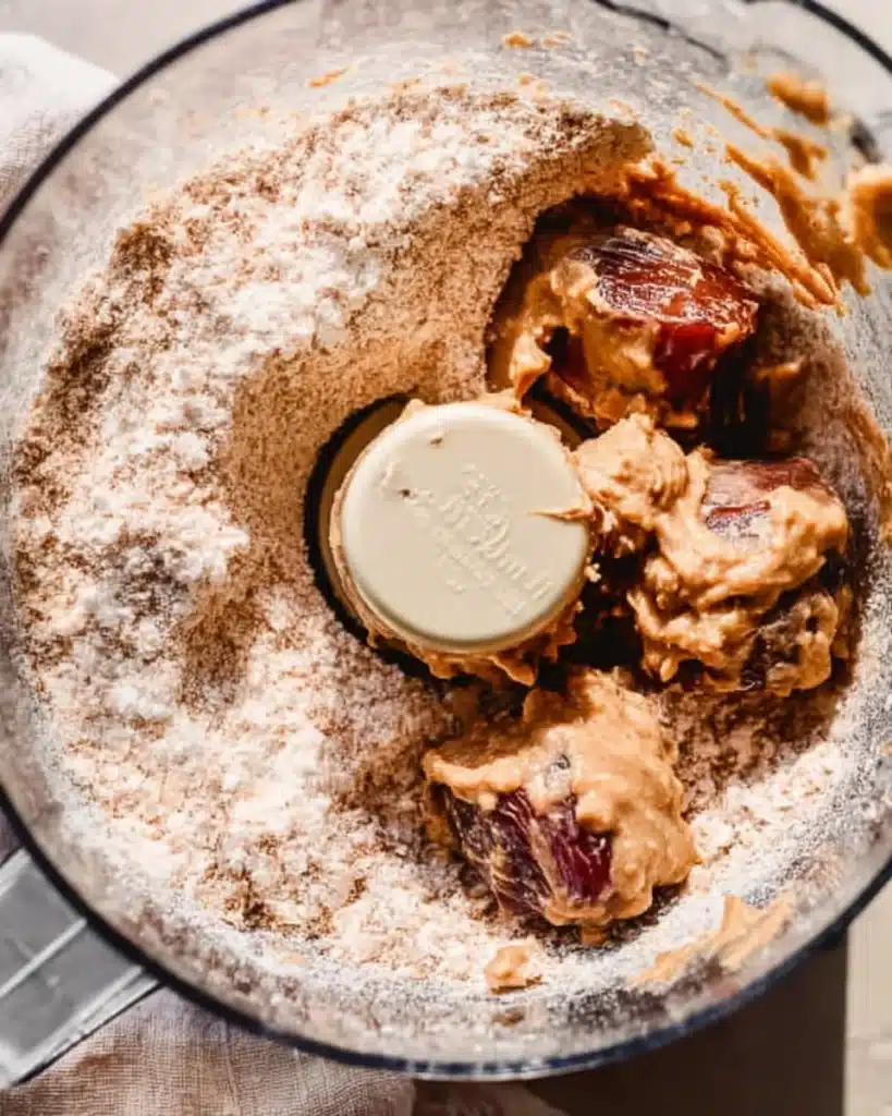 Dates and tahini in a food processor to make no bake cookie dough bars
