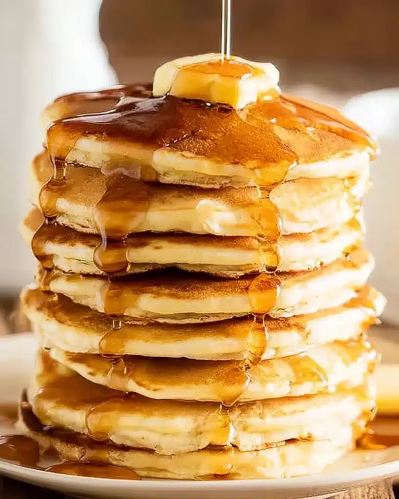 Stack of fluffy pancakes – fluffy, quick, no-fail with syrup and butter