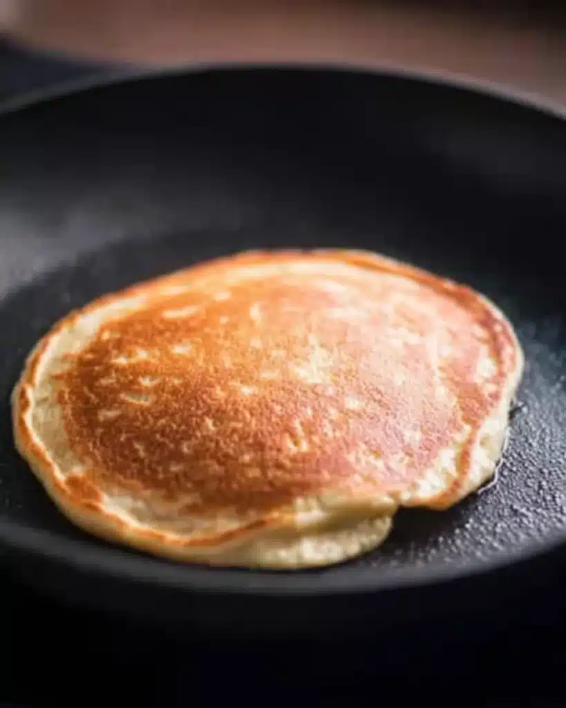 Golden pancake cooking in skillet after flipping