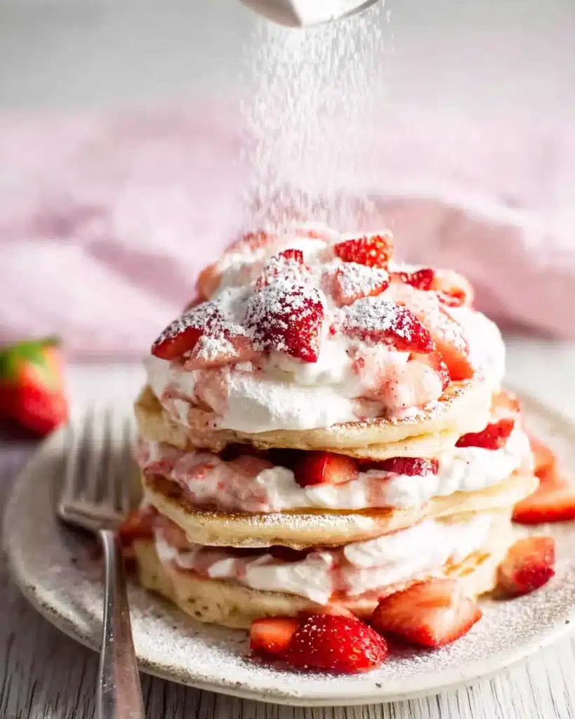 Strawberry whipped cream pancakes with powdered sugar sprinkle