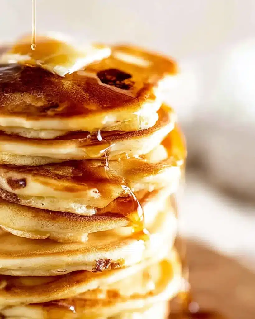 Close-up of fluffy pancakes – fluffy, quick, no-fail with syrup and butter