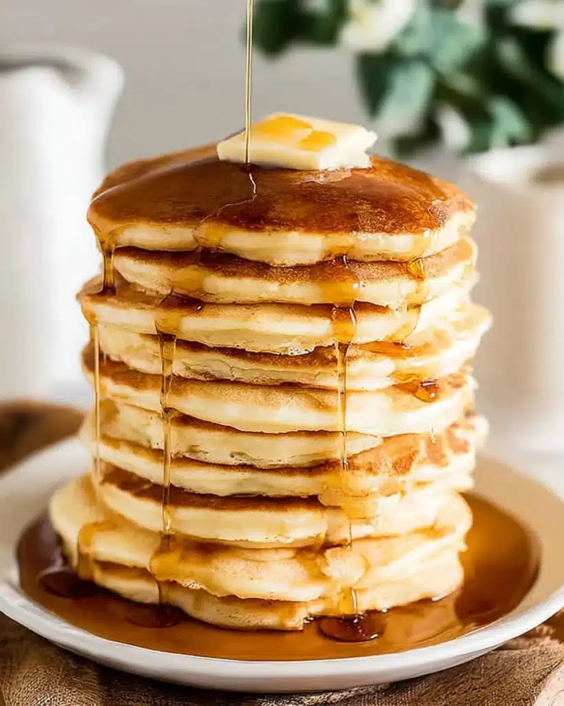 Fluffy pancakes stacked with butter and syrup dripping down for a cozy breakfast